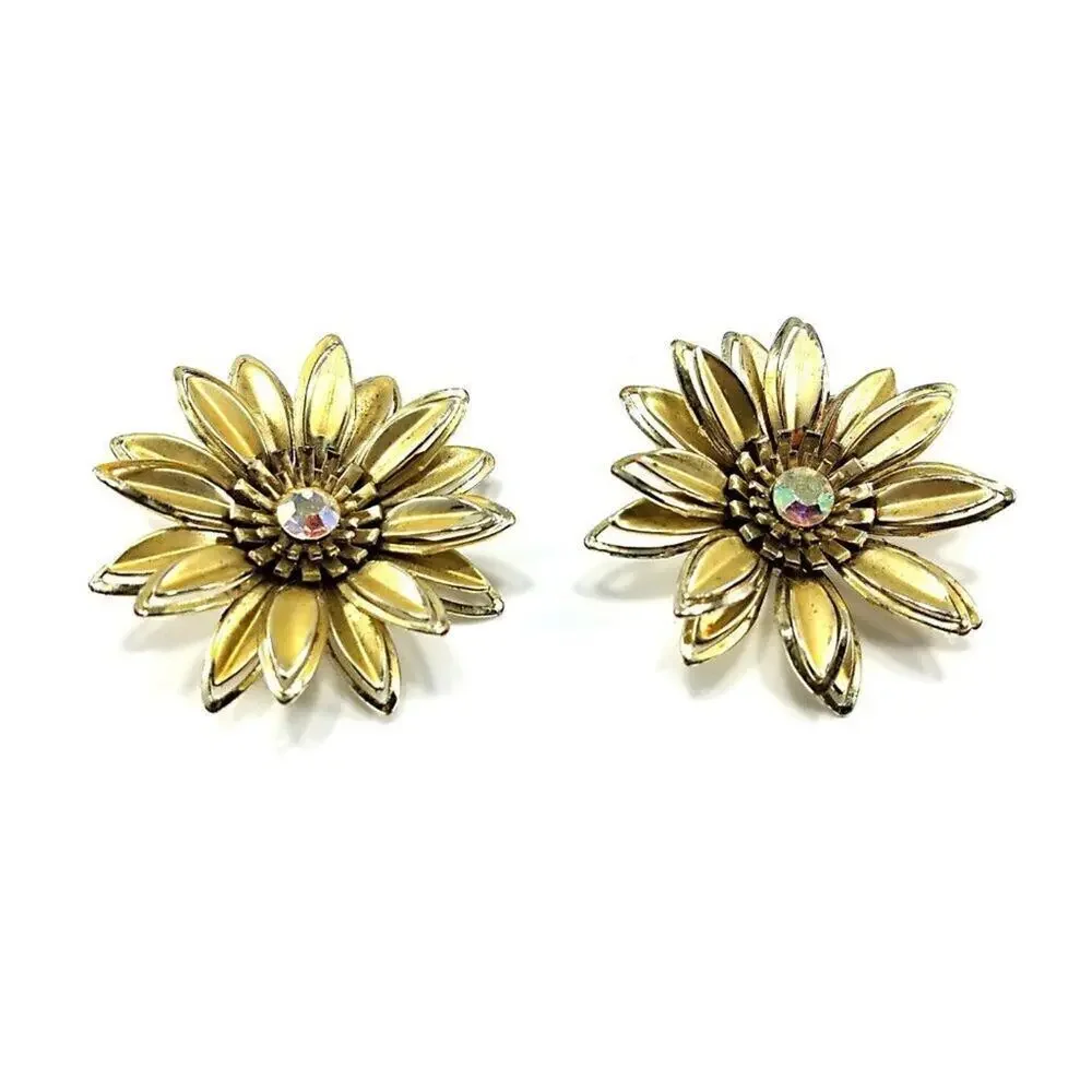 Vintage 1960s Gold Flower Clip Earrings Aurora Borealis Rhinestone